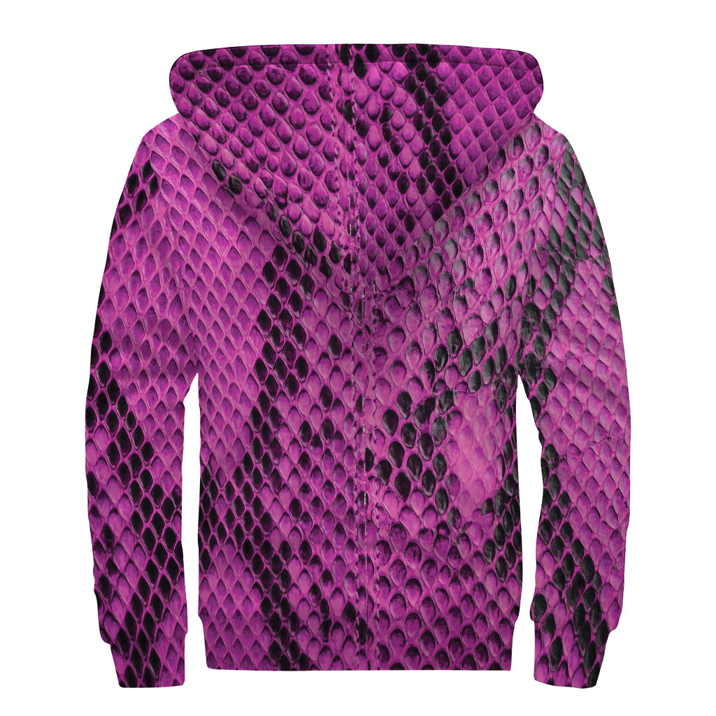 Magenta Pink And Black Snakeskin Print Sherpa Lined Zip Up Hoodie