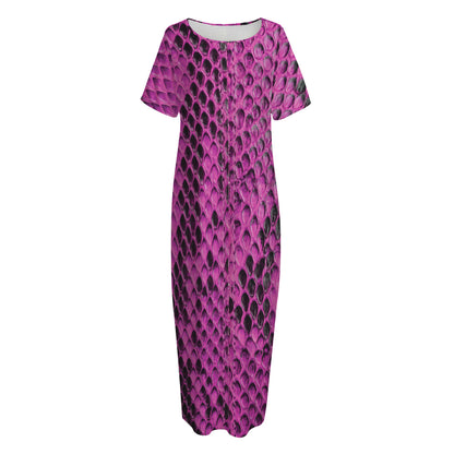 Magenta Pink And Black Snakeskin Print Short Sleeve Long Nightdress