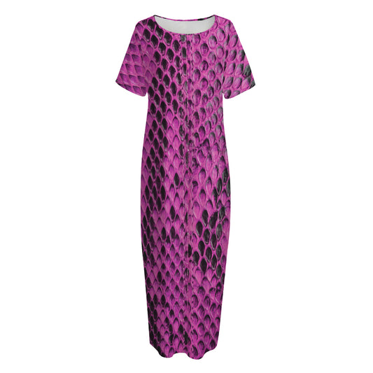 Magenta Pink And Black Snakeskin Print Short Sleeve Long Nightdress