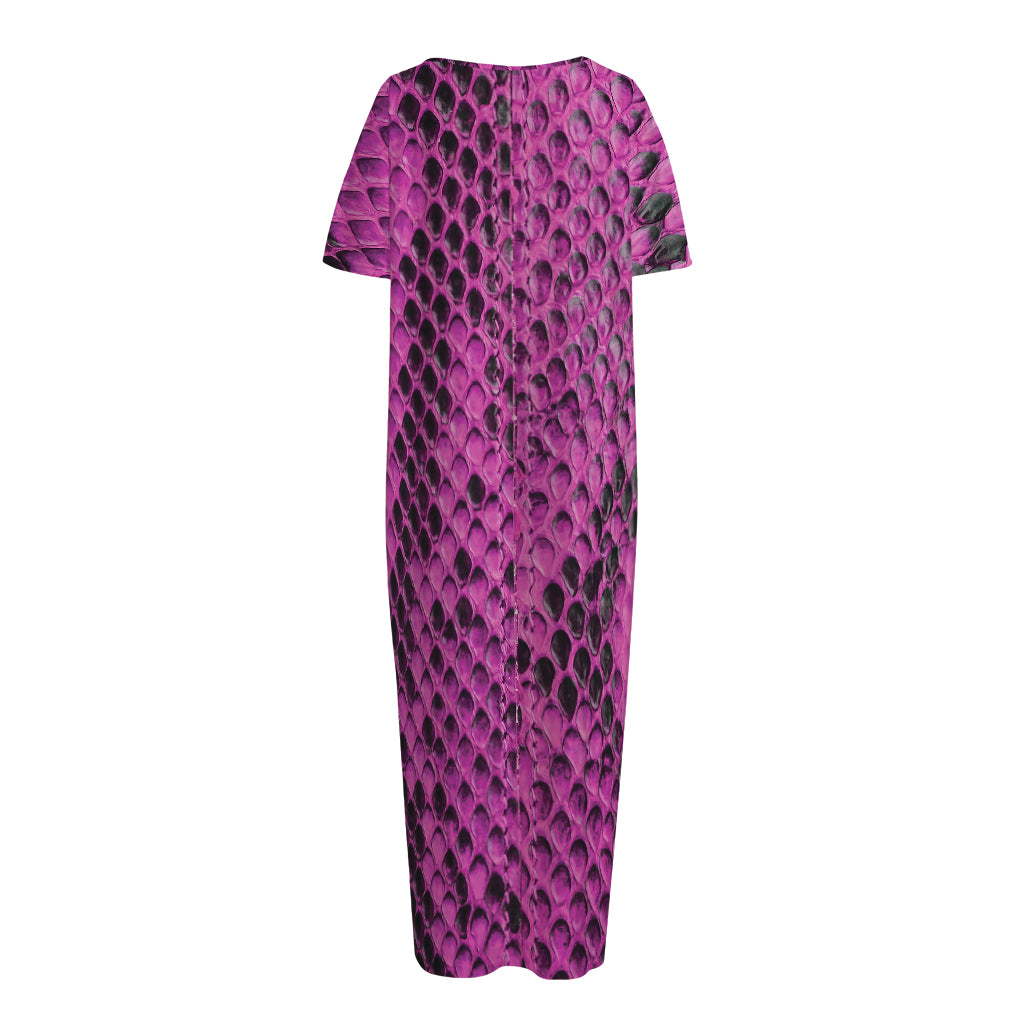 Magenta Pink And Black Snakeskin Print Short Sleeve Long Nightdress