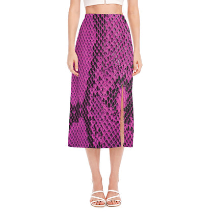 Magenta Pink And Black Snakeskin Print Side Slit Midi Skirt