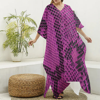 Magenta Pink And Black Snakeskin Print Silk V-Neck Kaftan Dress