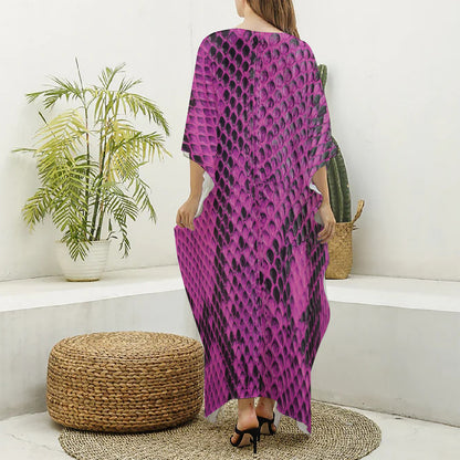 Magenta Pink And Black Snakeskin Print Silk V-Neck Kaftan Dress