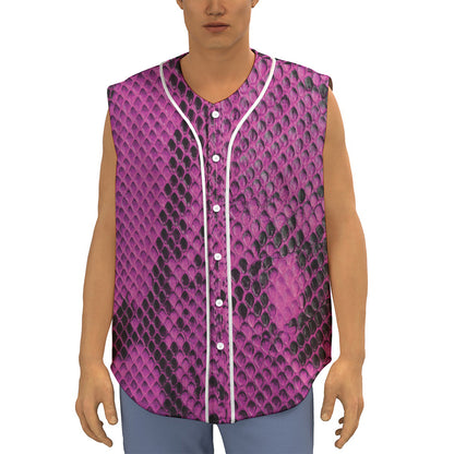 Magenta Pink And Black Snakeskin Print Sleeveless Baseball Jersey