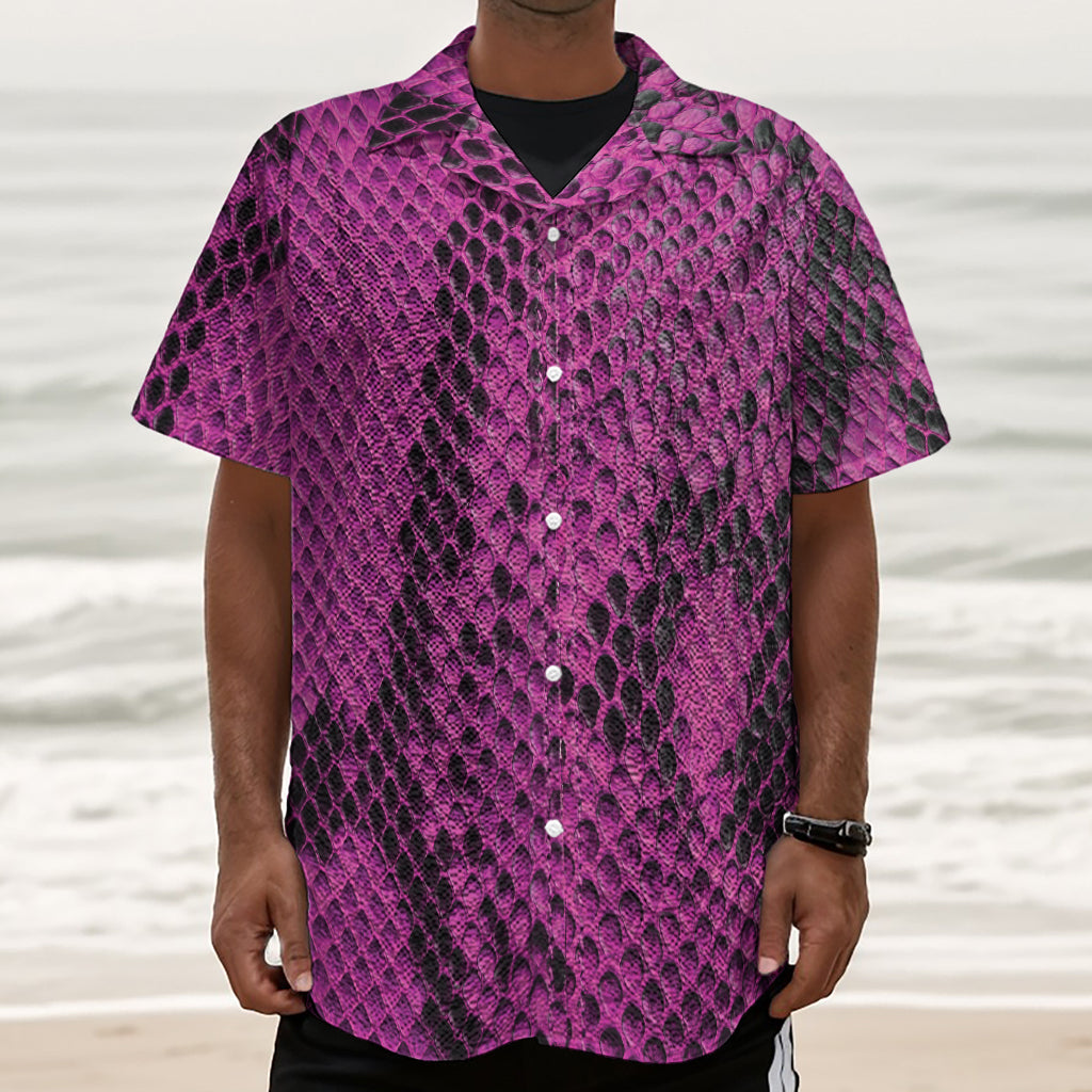 Magenta Pink And Black Snakeskin Print Textured Short Sleeve Shirt