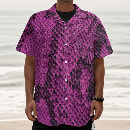 Magenta Pink And Black Snakeskin Print Textured Short Sleeve Shirt