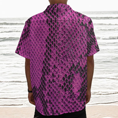 Magenta Pink And Black Snakeskin Print Textured Short Sleeve Shirt