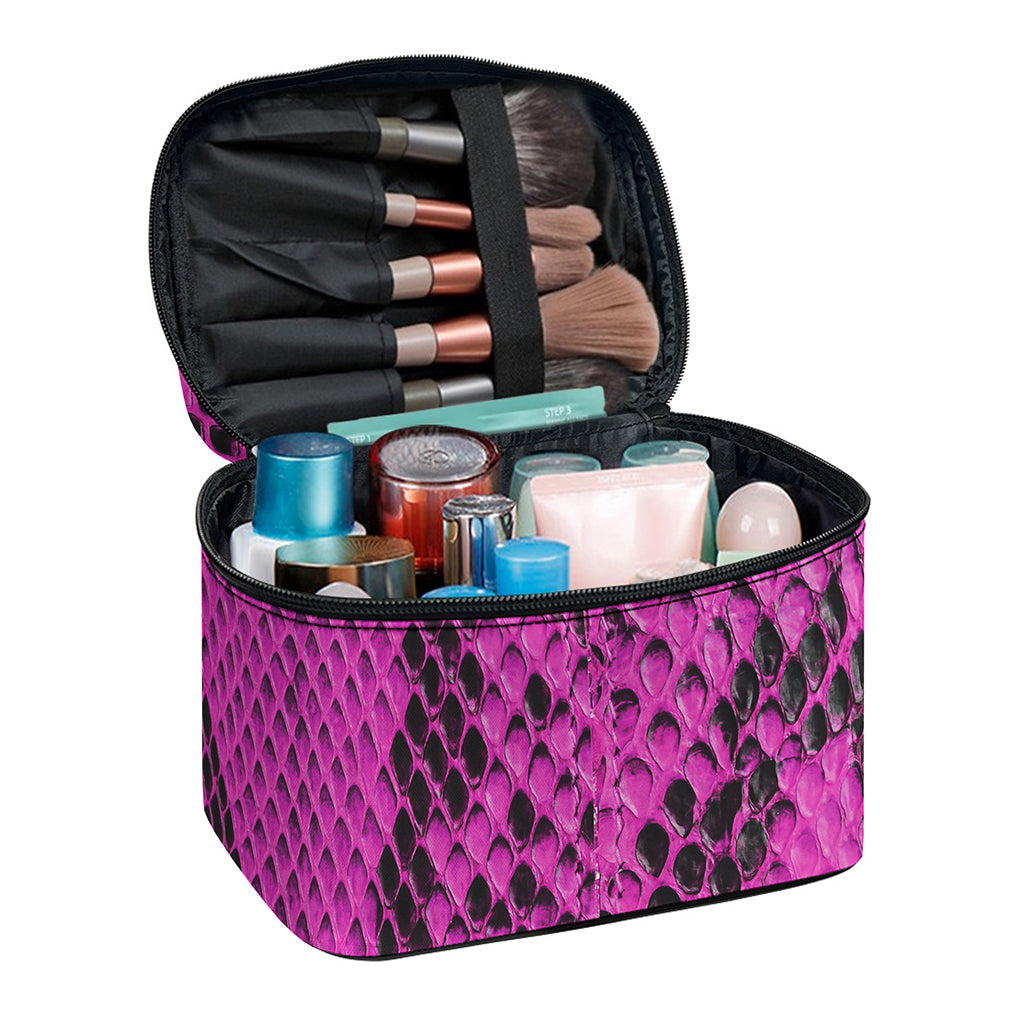 Magenta Pink And Black Snakeskin Print Travel Makeup Bag