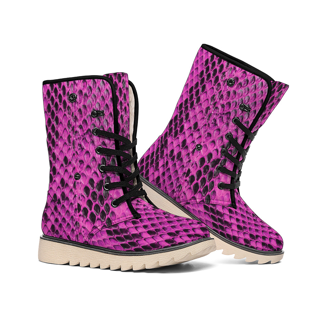 Magenta Pink And Black Snakeskin Print Winter Boots