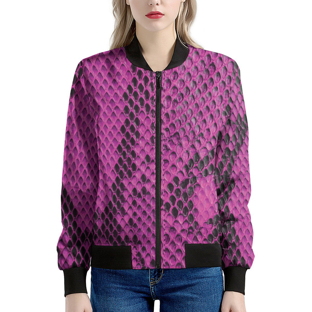 Magenta Pink And Black Snakeskin Print Women's Bomber Jacket