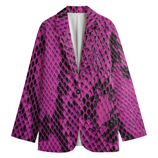 Magenta Pink And Black Snakeskin Print Women's Cotton Blazer