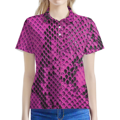Magenta Pink And Black Snakeskin Print Women's Polo Shirt