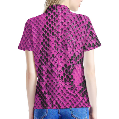 Magenta Pink And Black Snakeskin Print Women's Polo Shirt