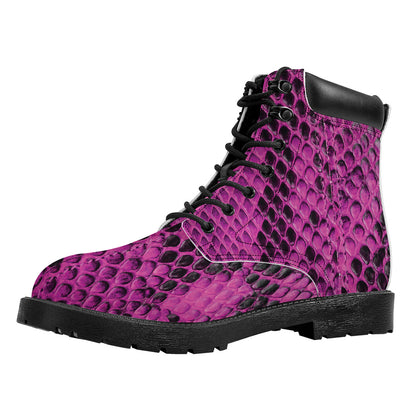 Magenta Pink And Black Snakeskin Print Work Boots