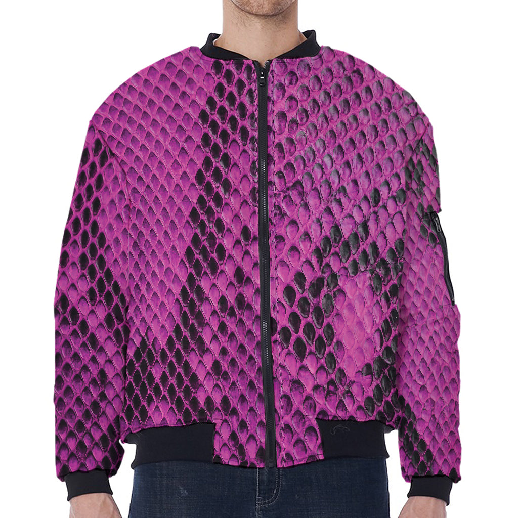 Magenta Pink And Black Snakeskin Print Zip Sleeve Bomber Jacket