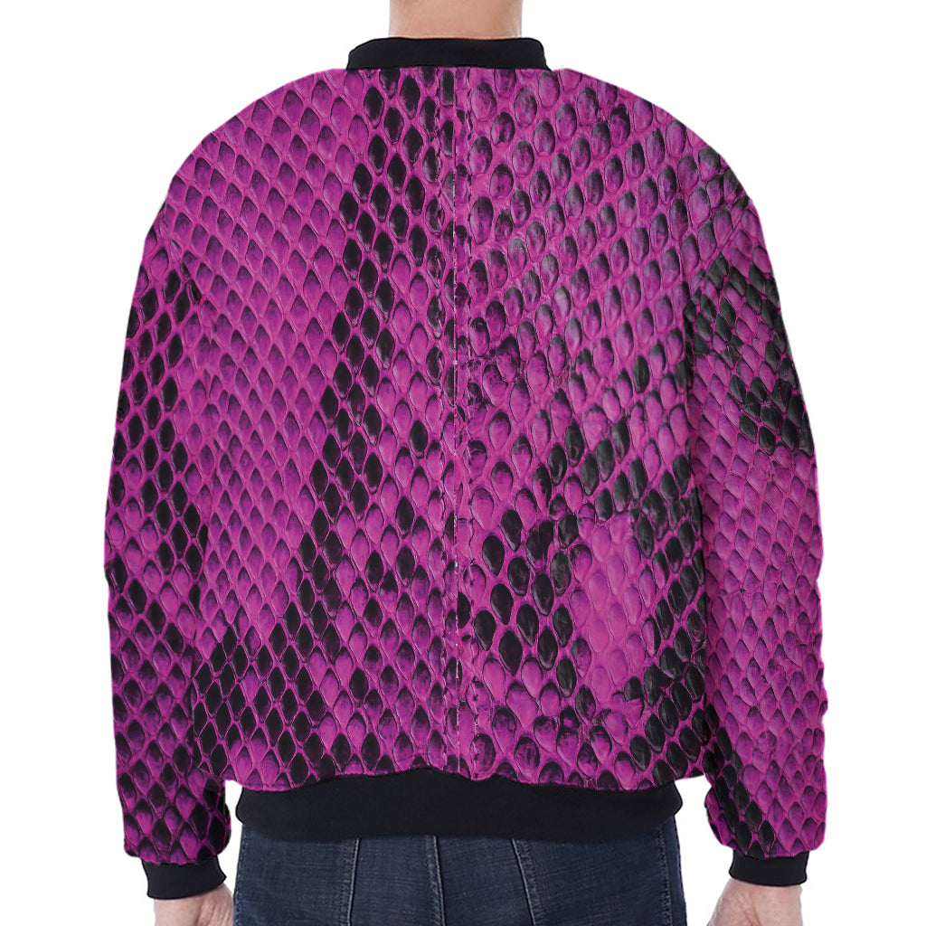 Magenta Pink And Black Snakeskin Print Zip Sleeve Bomber Jacket