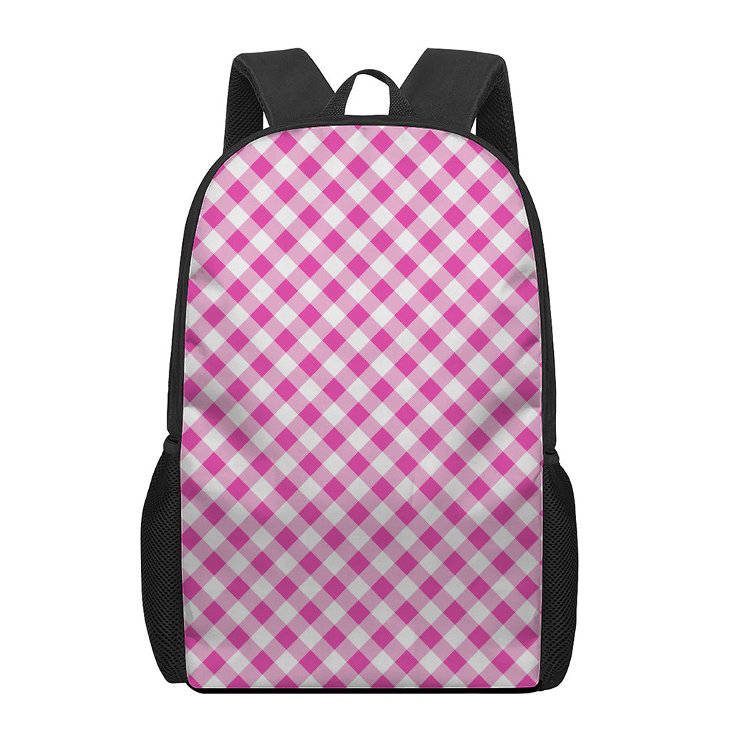 Magenta Pink And White Gingham Print 17 Inch Backpack
