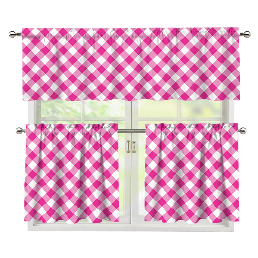 Magenta Pink And White Gingham Print 3 Piece Kitchen Curtains