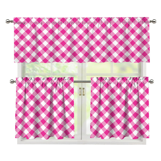 Magenta Pink And White Gingham Print 3 Piece Kitchen Curtains