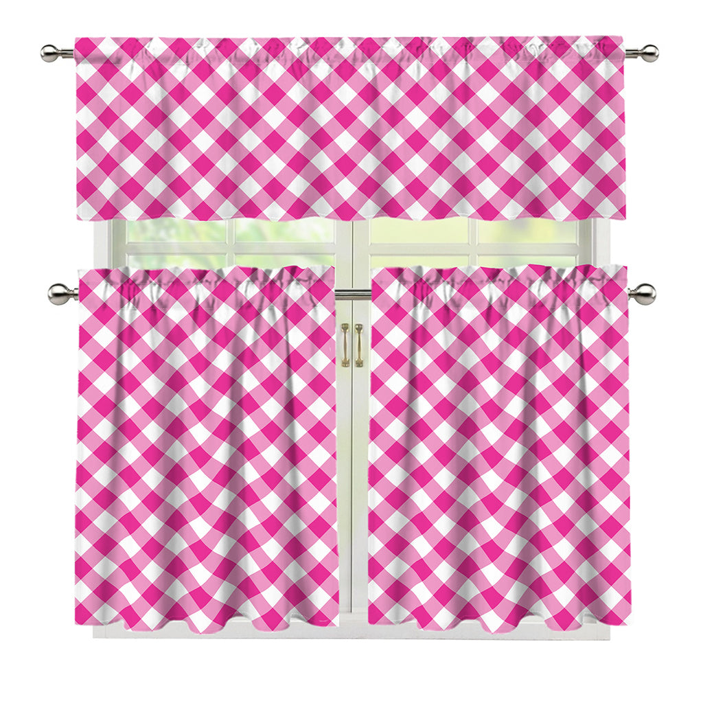 Magenta Pink And White Gingham Print 3 Piece Kitchen Curtains