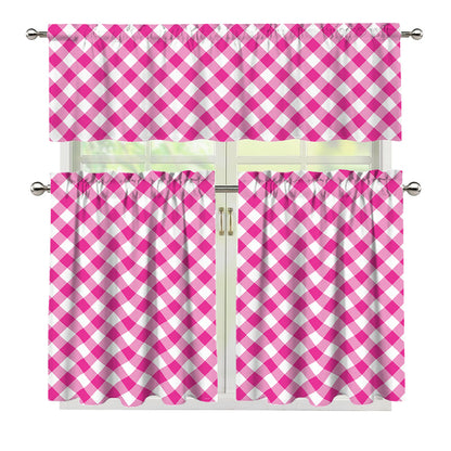 Magenta Pink And White Gingham Print 3 Piece Kitchen Curtains