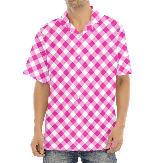 Magenta Pink And White Gingham Print Aloha Shirt