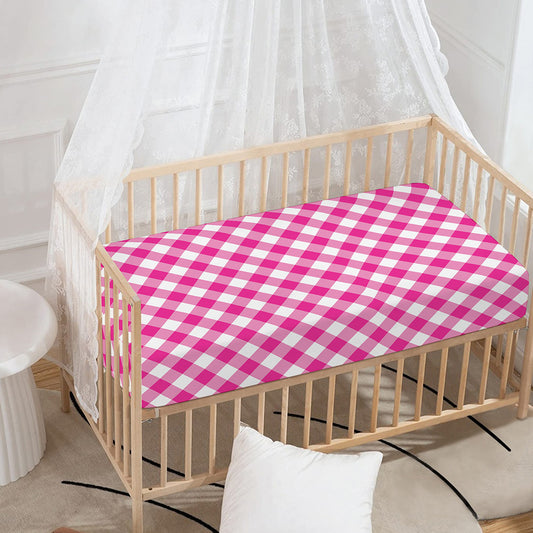 Magenta Pink And White Gingham Print Baby Crib Sheet
