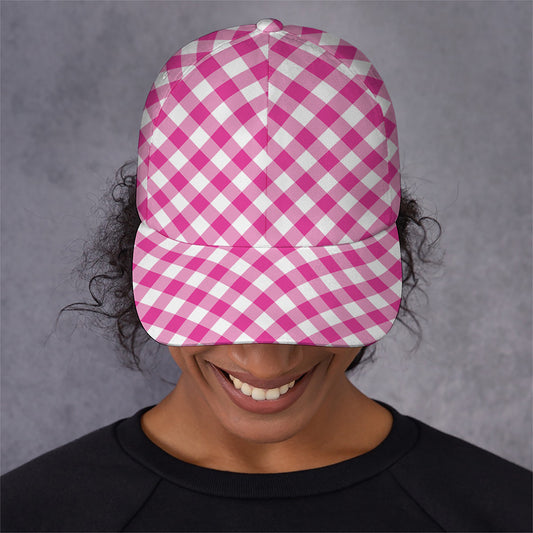 Magenta Pink And White Gingham Print Baseball Cap