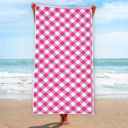 Magenta Pink And White Gingham Print Beach Towel