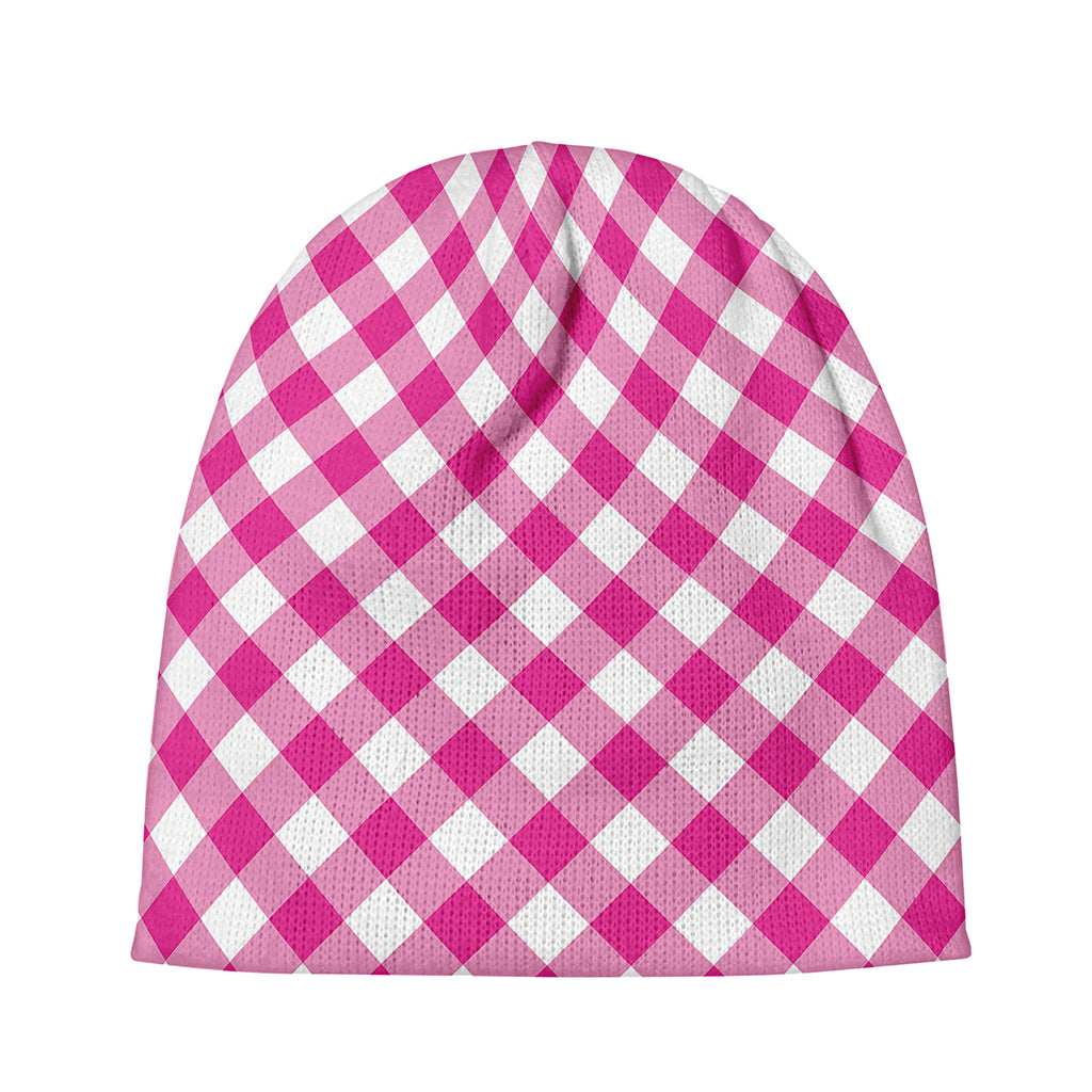 Magenta Pink And White Gingham Print Beanie