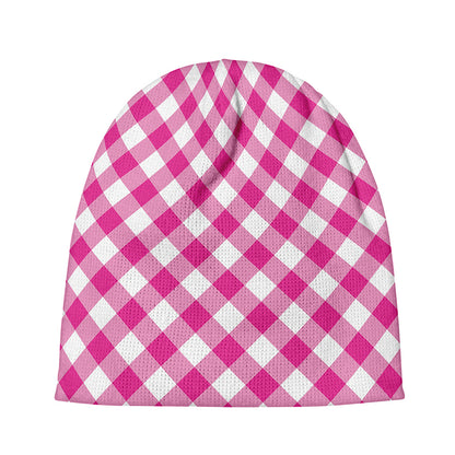 Magenta Pink And White Gingham Print Beanie