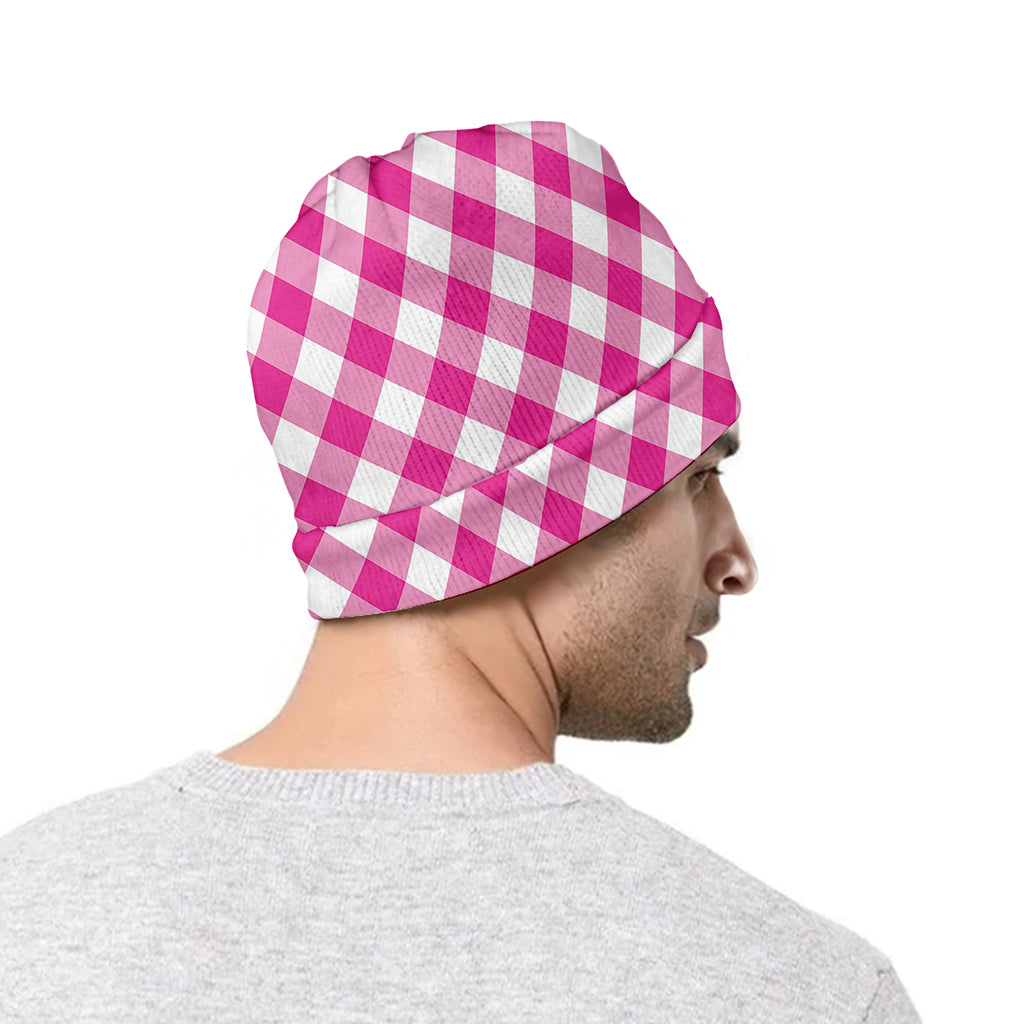 Magenta Pink And White Gingham Print Beanie