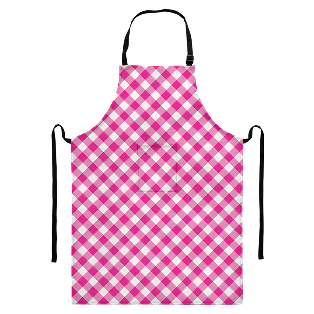 Magenta Pink And White Gingham Print Bib Apron With Pocket