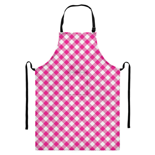 Magenta Pink And White Gingham Print Bib Apron With Pocket
