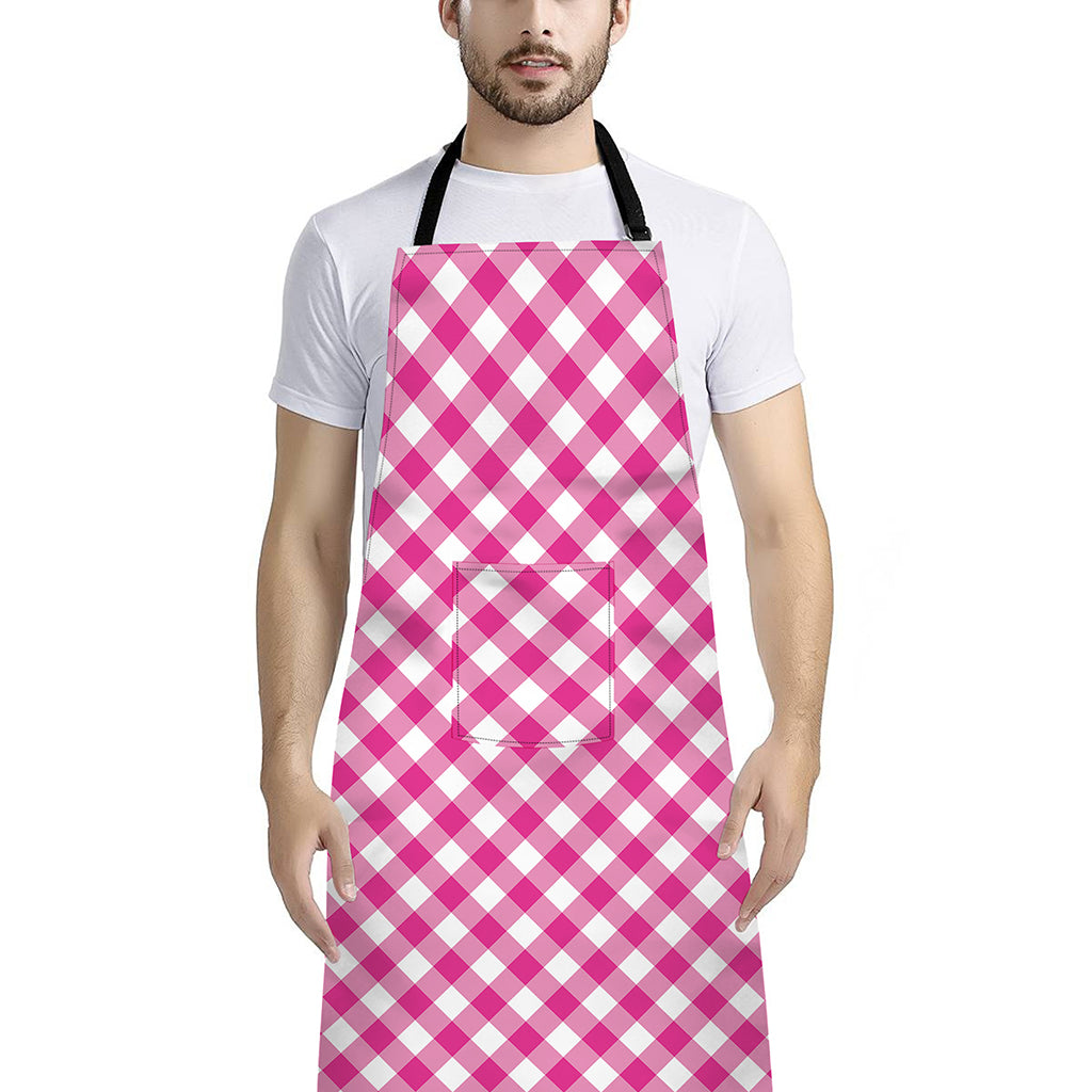 Magenta Pink And White Gingham Print Bib Apron With Pocket