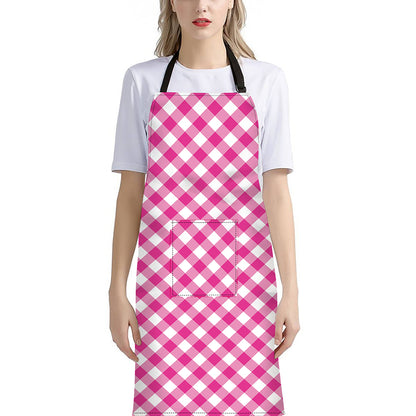 Magenta Pink And White Gingham Print Bib Apron With Pocket