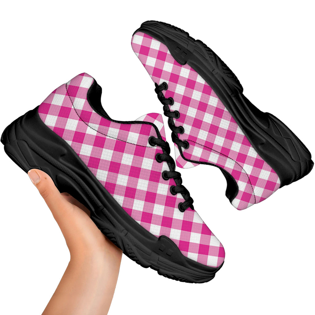 Magenta Pink And White Gingham Print Black Chunky Shoes