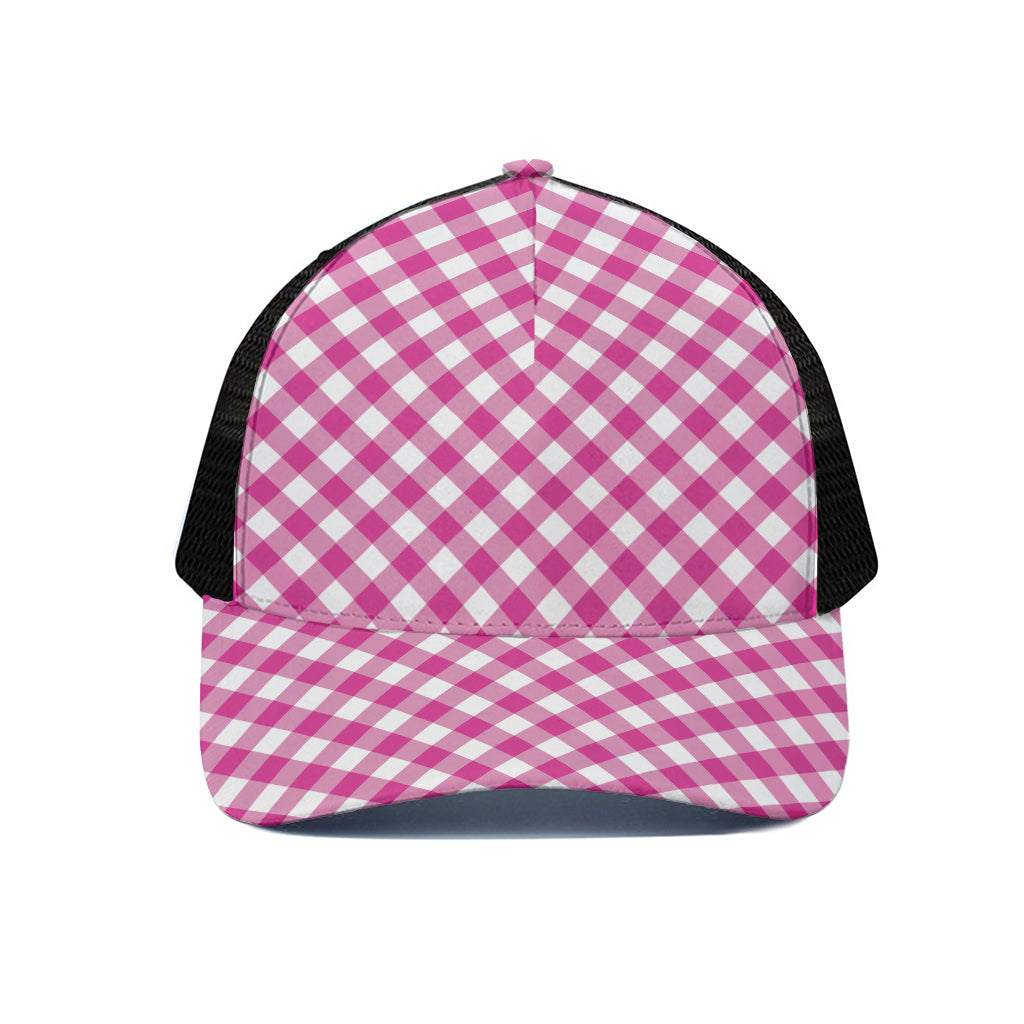 Magenta Pink And White Gingham Print Black Mesh Trucker Cap