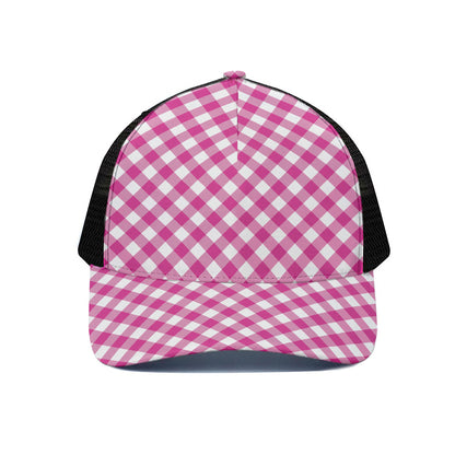 Magenta Pink And White Gingham Print Black Mesh Trucker Cap