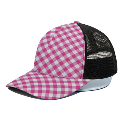 Magenta Pink And White Gingham Print Black Mesh Trucker Cap