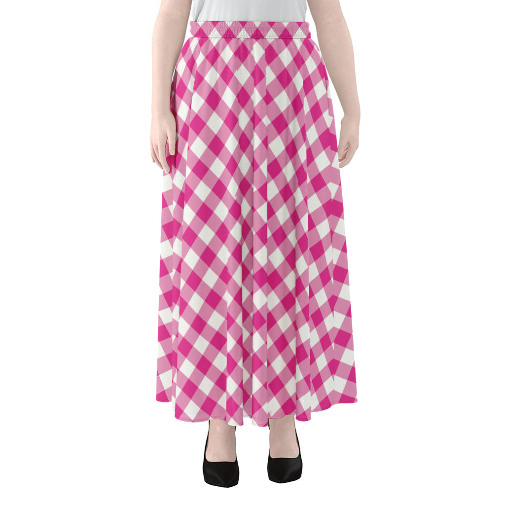 Magenta Pink And White Gingham Print Chiffon Maxi Skirt