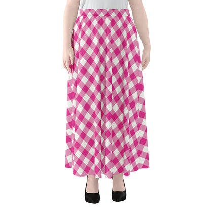 Magenta Pink And White Gingham Print Chiffon Maxi Skirt