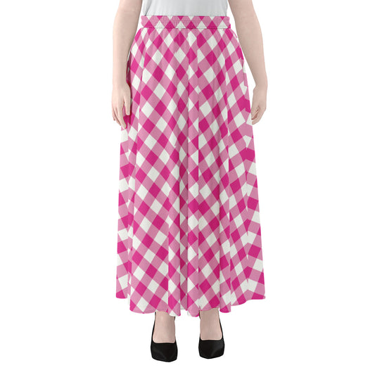 Magenta Pink And White Gingham Print Chiffon Maxi Skirt