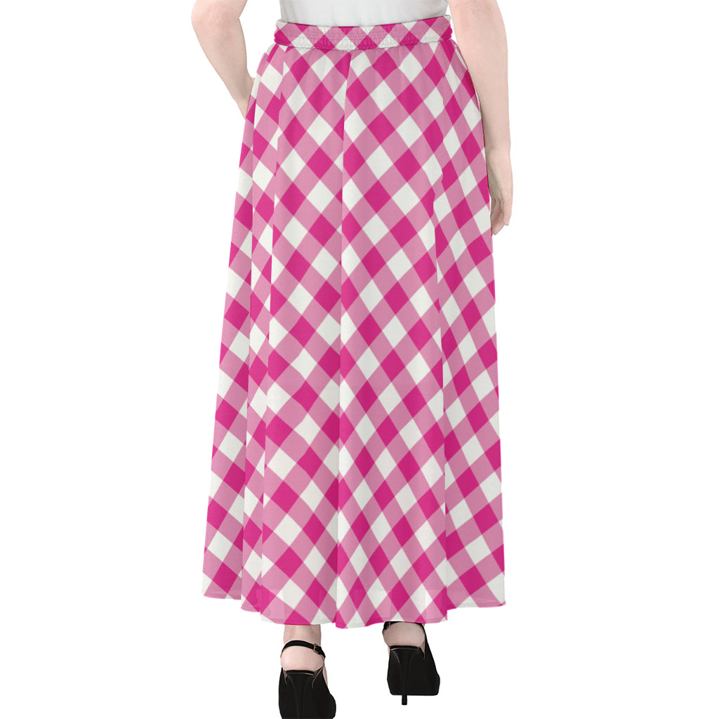 Magenta Pink And White Gingham Print Chiffon Maxi Skirt
