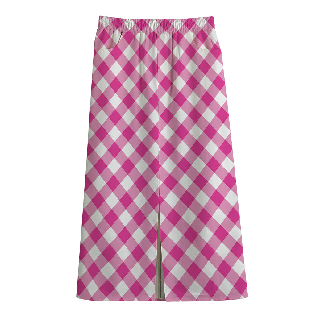 Magenta Pink And White Gingham Print Cotton Front Slit Maxi Skirt
