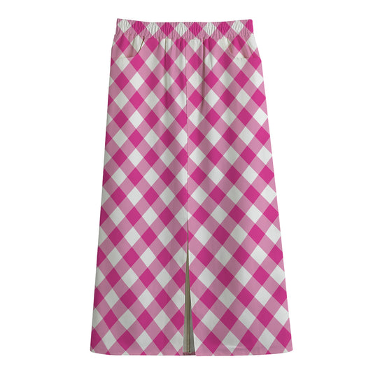 Magenta Pink And White Gingham Print Cotton Front Slit Maxi Skirt