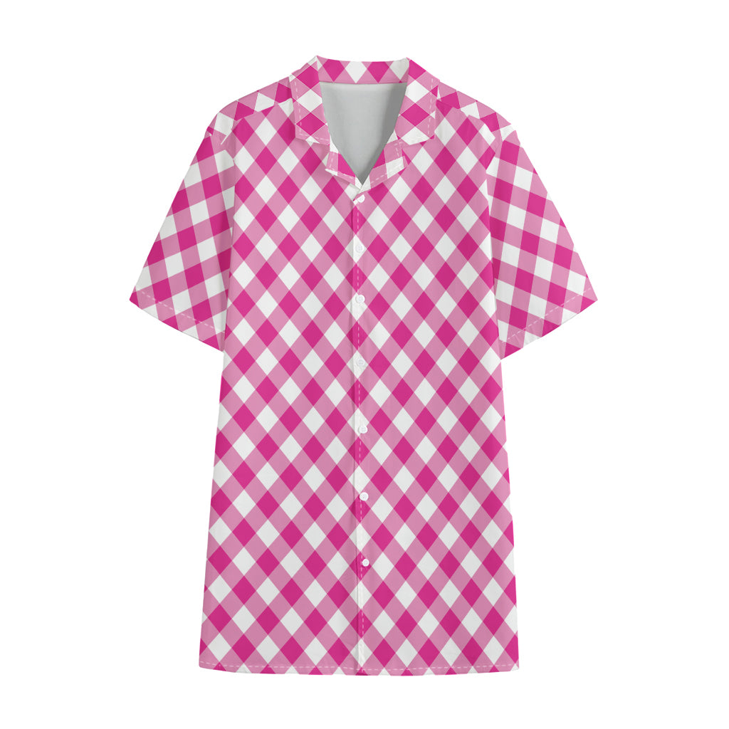 Magenta Pink And White Gingham Print Cotton Hawaiian Shirt