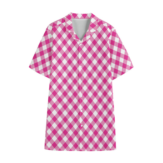 Magenta Pink And White Gingham Print Cotton Hawaiian Shirt