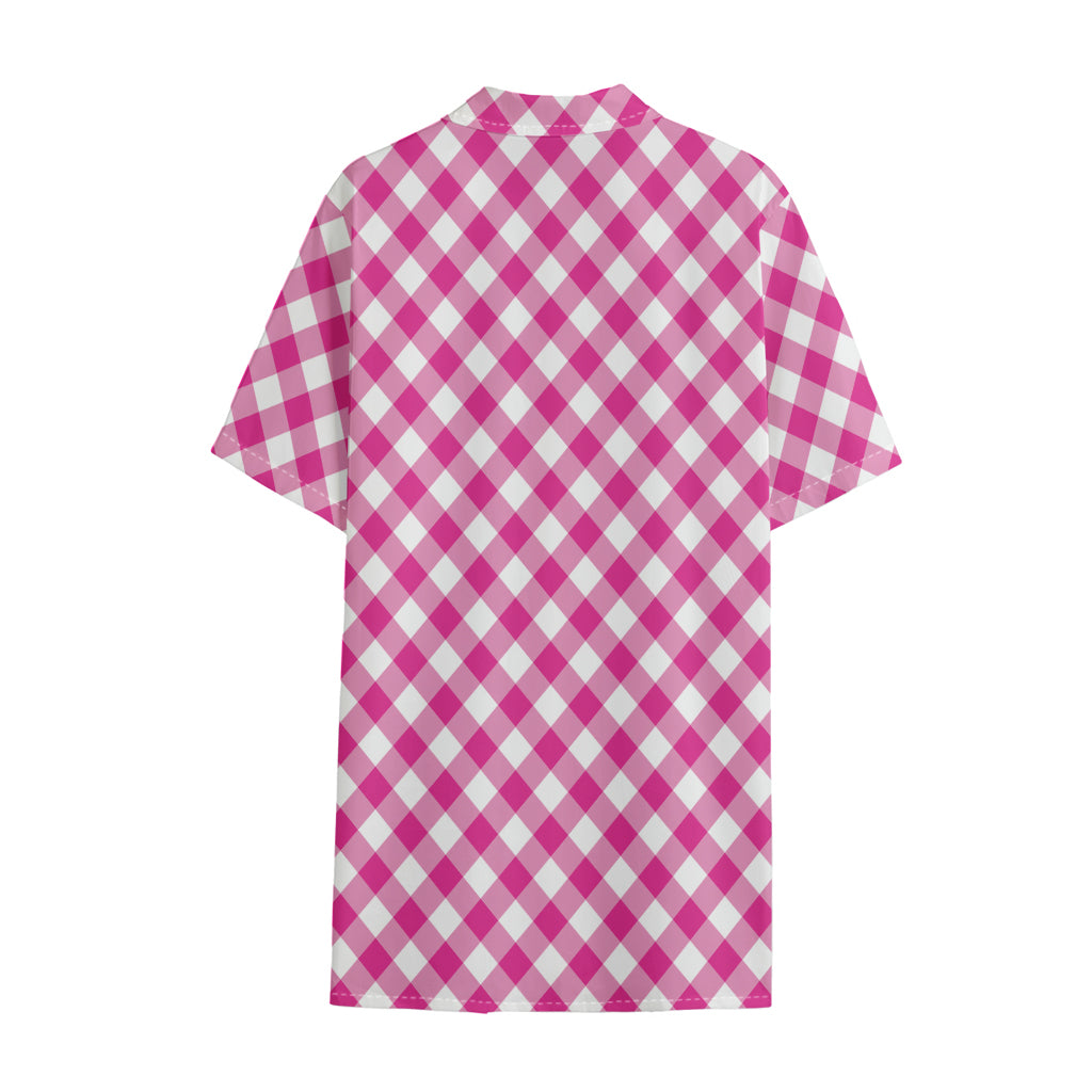 Magenta Pink And White Gingham Print Cotton Hawaiian Shirt