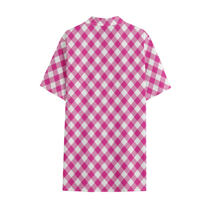 Magenta Pink And White Gingham Print Cotton Hawaiian Shirt